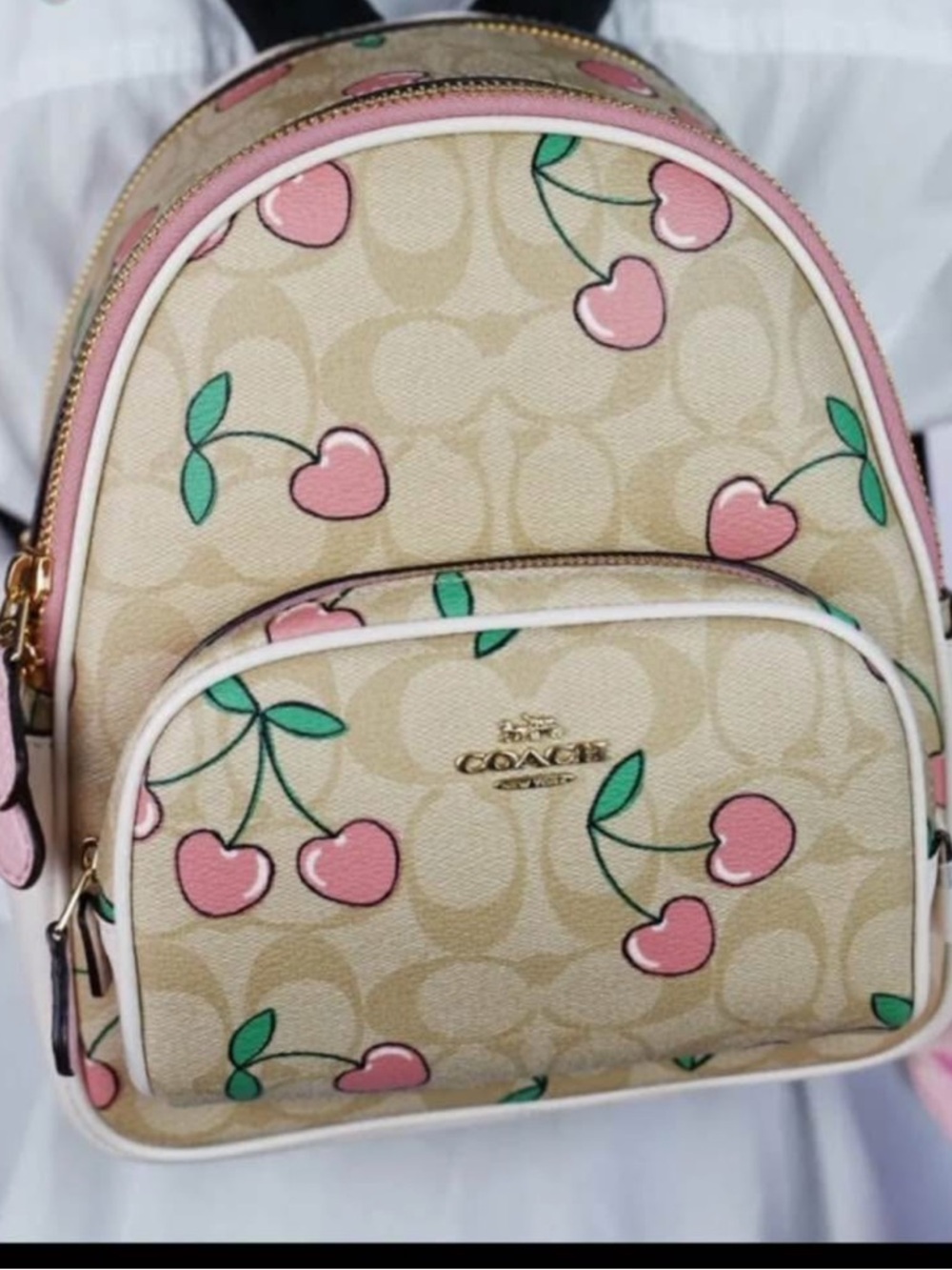 Coach Beige Signature Mini Backpack with Pink Cherry Print